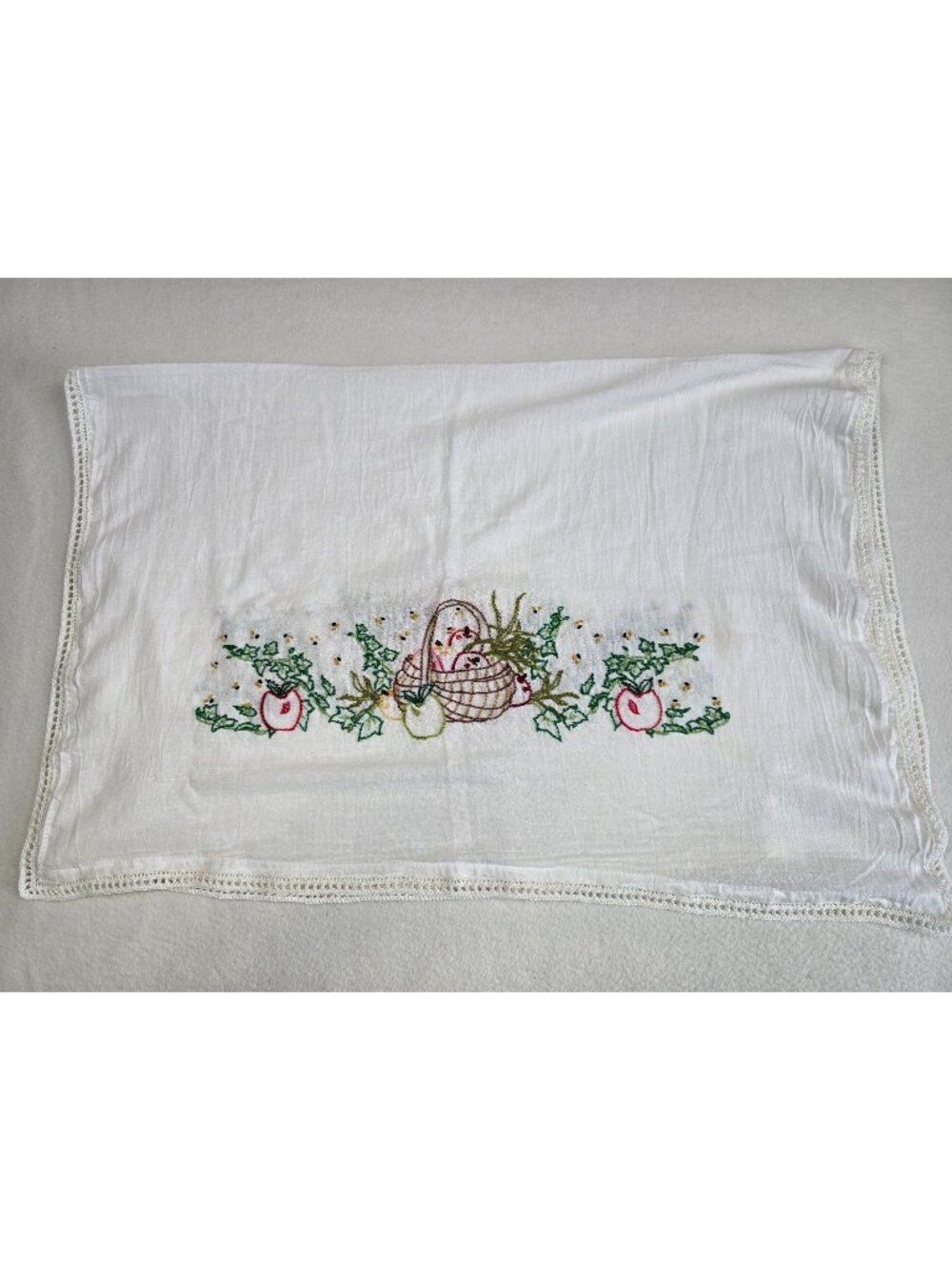 Vintage Hand-Embroidered Cotton Tablecloth Tea Towel Apple Basket Design Crochet